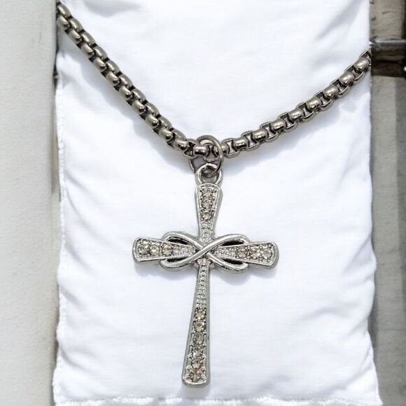 Rhinestone Infinity Cross Pendant Women's Silver Stainless Steel Necklace Gift - Picture 8 of 9